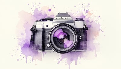 Lilac and cream-themed camera illustration representing Jennifer Jones Photography newsletter.